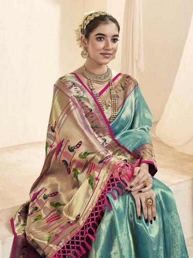 Alluring Turquoise Zari Weaving Silk Paithani Saree With Blouse